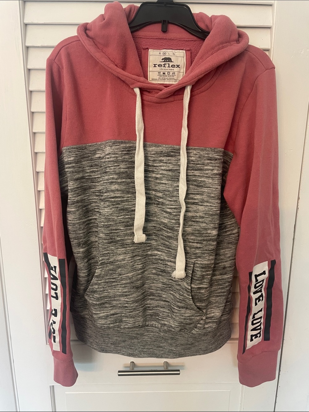 Reflex Rose Pink and Heather Gray Colorblock Hoodie with 'LOVE' Sleeve Graphic